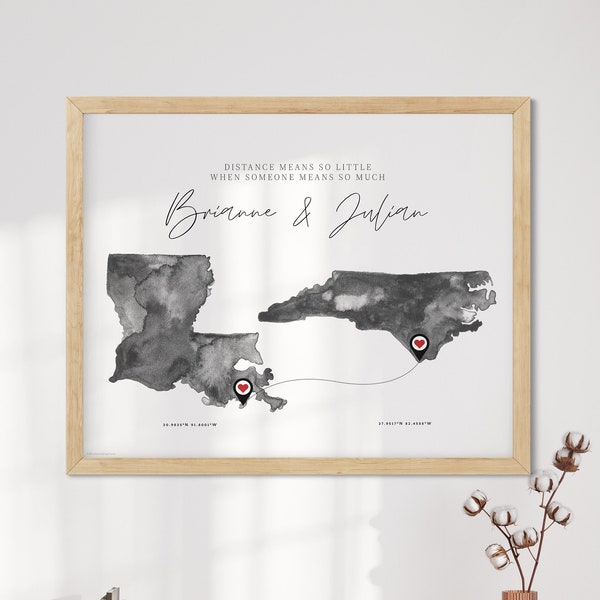Custom Moving Away Gift Print Long Distance Relationship Map Long Distance Family Gift, State Silhouette, Two Locations Map Anniversary Gift