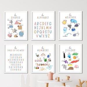 Set of 6 Homeschool Printables, Educational Prints, Playroom, Home School, PreSchool Montessori, Shapes, Alphabet, Numbers, Classroom Print