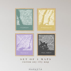 Set van 4 aangepaste kaarten, stadskaart wordt afgedrukt, aangepaste kaartafdruk, aangepaste kaart, elke locatie, gepersonaliseerde kaartafdruk, stadsposter kunst aan de muur, stadskaart cadeau