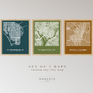 Set van 3 aangepaste kaarten, stadskaart wordt afgedrukt, aangepaste kaart afdrukken, aangepaste kaart afdrukken, aangepaste elke locatie, gepersonaliseerde kaart afdrukken, stadsposter kunst aan de muur, stadskaart cadeau