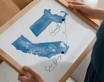Personalized Two Location Map Art, Custom State Watercolor Print (Digital Download or Print)