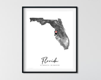 Personalized Florida Watercolor Map Florida State US United States map print poster, Florida State US United States city map print poster