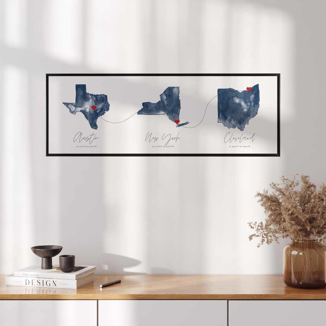 Custom State Map Print, 3 Locations, Long Distance Gift (digital ...