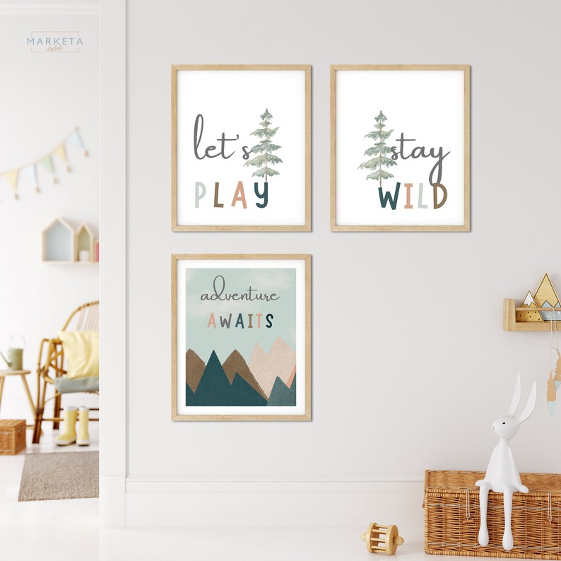 Set of 3 Woodland Nursery Wall Art Adventure Awaits Nursery Etsy