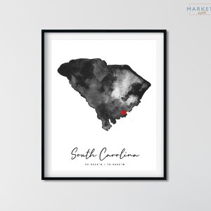 Carte personnalisée d’aquarelle de Caroline du Sud Custom Moving Away Impression cadeau Aller loin Cadeau Longue distance Carte de l’État, Relation longue distance