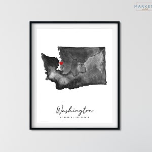 Affiche imprimée personnalisée de carte aquarelle de Washington, carte des États-Unis, cadeau d'anniversaire, cadeau de déménagement, cadeau de pendaison de crémaillère, art mural Washington