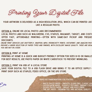May include: A digital file printing guide with text in a handwritten style. It details options for printing artwork, including online and local photo labs, printing at home, and printing via USB at a local store. Paper recommendations are also provided.