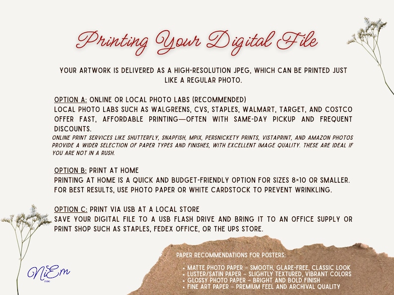 May include: A digital file printing guide with text in a handwritten style. It details options for printing artwork, including online and local photo labs, printing at home, and printing via USB at a local store. Paper recommendations are also provided.