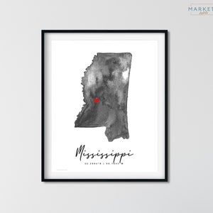 Carte aquarelle personnalisée du Mississippi, carte des États-Unis, carte des États-Unis, cadeau d'anniversaire, cadeau de déménagement, cadeau de pendaison de crémaillère, art mural Mississippi