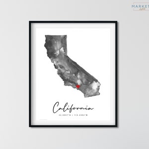 Kalifornien Aquarell Karte Fine Art Print, Wanddekoration, Einweihungsgeschenk, Jahrestagsgeschenk, Realtor Geschenk, Umzugsgeschenk, Geschenk für Sie