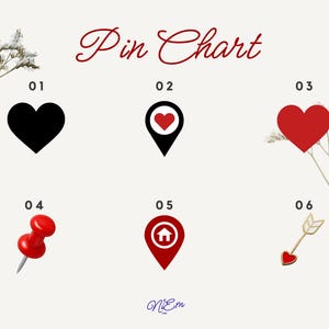 May include: A decorative chart titled "Pin Chart" with six heart-themed icons. The icons include a black heart, a black pin with a red heart, a red heart, a red push pin, a red pin with a house, and a gold arrow with a red heart.
