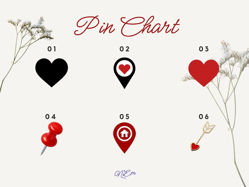 May include: A decorative chart titled "Pin Chart" with six heart-themed icons. The icons include a black heart, a black pin with a red heart, a red heart, a red push pin, a red pin with a house, and a gold arrow with a red heart.