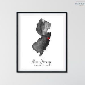 Benutzerdefinierte New Jersey Aquarell Karte US USA Karte Druck Poster, Geburtstagsgeschenk, Umzugsgeschenk, Housewarming Geschenk, New Jersey Wandkunst