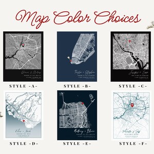 May include: A display of six personalized map art prints, showcasing various city maps in different color schemes. Each print features a unique map design with names and locations, labeled with styles A through F.