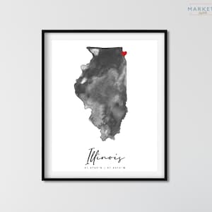 Aquarelle personnalisée de l'Illinois, carte des États-Unis, carte des États-Unis, cadeau d'anniversaire, cadeau de déménagement, cadeau de pendaison de crémaillère, art mural de l'Illinois