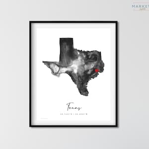 Carte personnalisée du Texas à l'aquarelle, cadeau de déménagement personnalisé, impression de cadeau de départ, carte d'État interurbaine, relation interurbaine