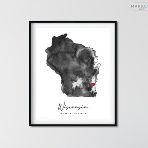 Carte aquarelle personnalisée du Wisconsin, impression d'art du Wisconsin, impression de carte du Wisconsin, cadeau de pendaison de crémaillère, cadeau d'anniversaire, cadeau de déménagement, art du Wisconsin