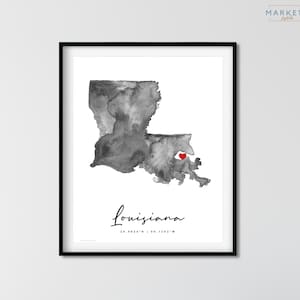 Carte aquarelle personnalisée de la Louisiane, cadeau de déménagement, cadeau de départ, relation longue distance, cadeau meilleur ami cadeau soeurs, art des États-Unis