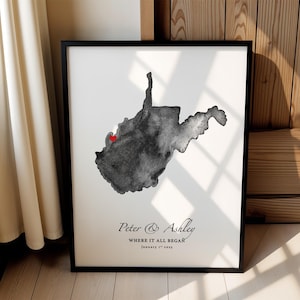 Impresión artística personalizada del mapa de Virginia Occidental, regalo de aniversario personalizado (descarga digital) imagen 1