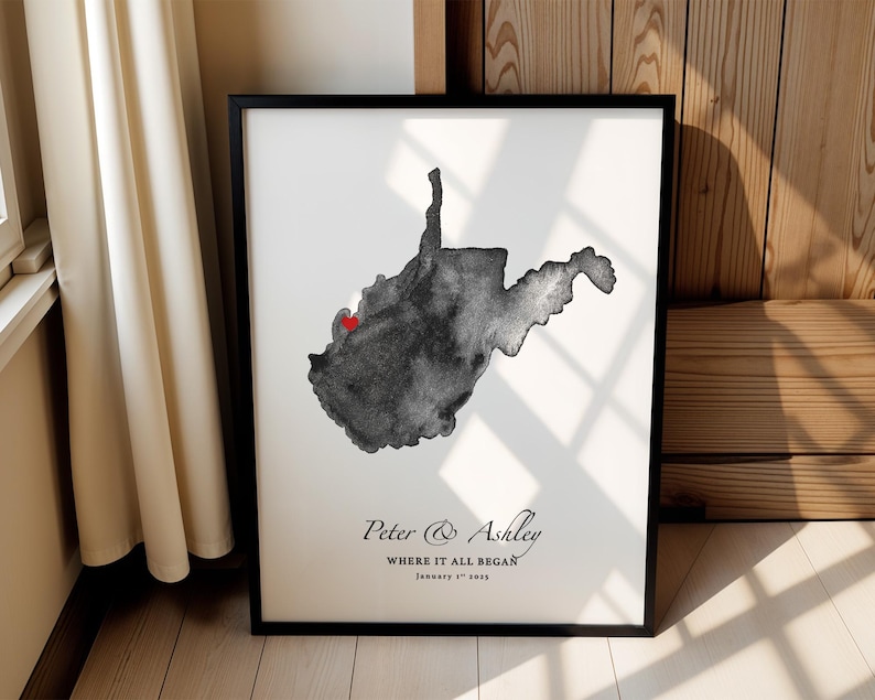 Impresión artística personalizada del mapa de Virginia Occidental, regalo de aniversario personalizado (descarga digital) imagen 1