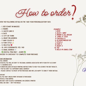 May include: A cream-colored graphic with the text "How to order?" in a decorative font. The image provides instructions for personalizing a digital item, including size, names, date, and email address. Decorative floral elements are present.