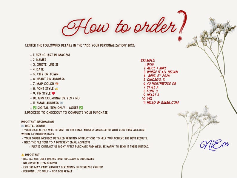 May include: A cream-colored graphic with the text "How to order?" in a decorative font. The image provides instructions for personalizing a digital item, including size, names, date, and email address. Decorative floral elements are present.