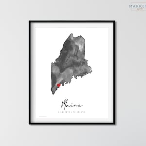 Aquarelle personnalisée du Maine, carte des États-Unis, carte des États-Unis, cadeau d'anniversaire, cadeau de déménagement, cadeau de pendaison de crémaillère, art mural du Maine
