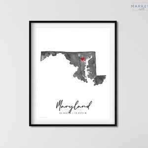 Carte aquarelle personnalisée du Maryland, carte des États-Unis personnalisée où nous nous sommes rencontrés premier rendez-vous fiançailles jour du mariage emplacement impression carte cadeau pour un anniversaire