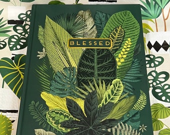 BLESSED Lined Hardcover Journal With Tropical Plants Leaf Print, Green Notebook With Ribbon Bookmark Gold Leaf Edge