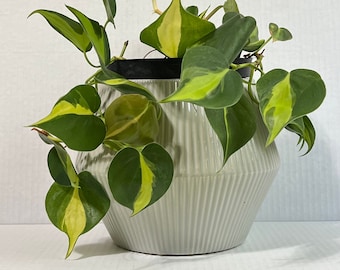 Ribbed Ceramic Planter Cachepot Vase Utensil Crock Geometric Gray, sculptural modern design flower pot