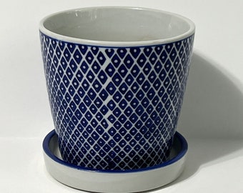 Diamond Pattern Ceramic Planter 5.5 With Drainage Hole Saucer, Cobalt Blue Flower Pot