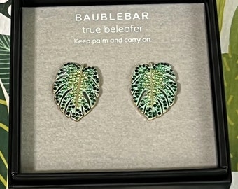 Monstera Leaf Stud Earrings Green BLING Rhinestones Tropical Plant Palm