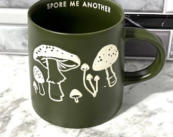 Mushrooms Etched Ceramic Coffee Mug 16Oz, Green White Fungi Plant Veggie Lover Mug