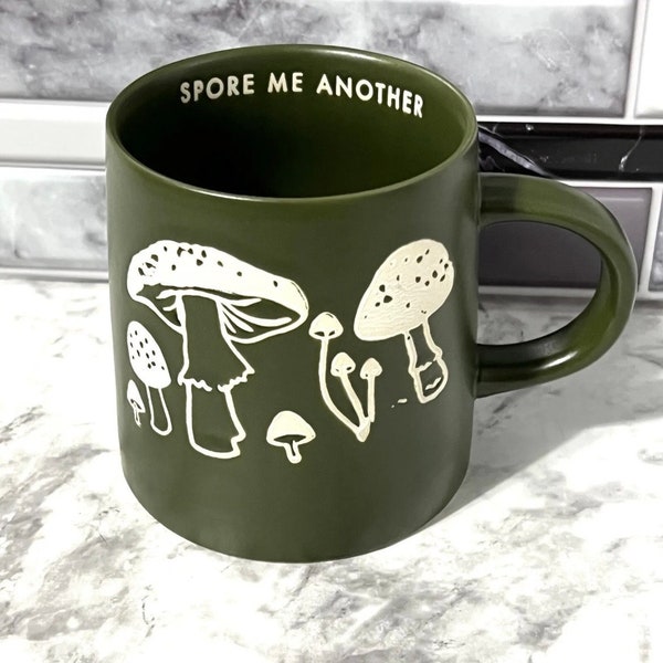 Mushrooms Etched Ceramic Coffee Mug 16Oz, Green White Fungi Plant Veggie Lover Mug