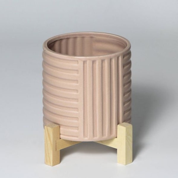 Mid Century Modern Planters With Wooden Stand Pink, Footed Modern Ribbed Ceramic Planter Horizontal Vertical
