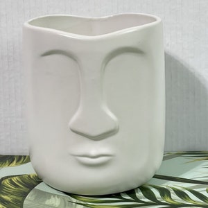 Tribal Face Planter White Ceramic Flower Pot Raised Features Easter Island image 2