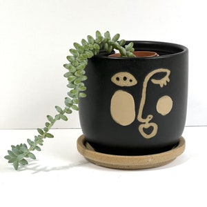 Rosy Cheeks Face Planter, Matte Black Ceramic Pot with Saucer, 4.5"
