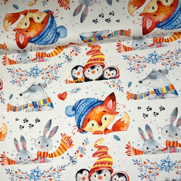 French Terry Wintertiere farbenfroh, Stoff, Kinderstoff, Fuchs, Pinguin, Winter