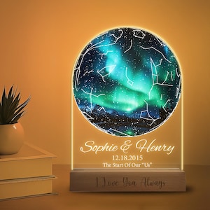 Mappa stellare con luce notturna per l'aurora, mappa stellare personalizzata per data e costellazione, regali di anniversario per il marito, regalo di fidanzamento per lei.