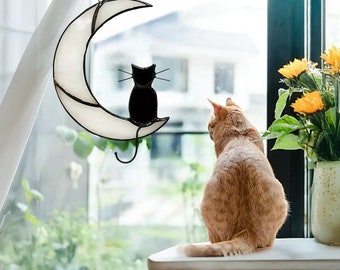 Black Cat Sun catcher Ornament, Cat On Moon Stained GLASS Sun catcher, Cat Lovers Gift, Cat Mom Gift, Cat Loss of Pet Sympathy Gift