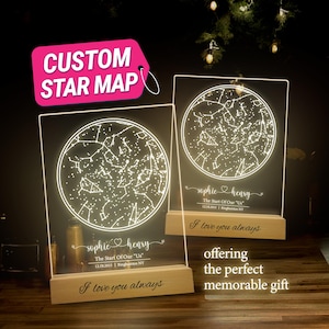 Mapa estelar personalizado por fecha, mapa de constelaciones personalizado, luz nocturna con mapa estelar, regalos para parejas, regalos de compromiso, regalo de aniversario para ella