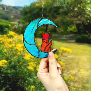 Cat Memorial Gifts Suncatcher Stained Glass ornament christmas , Engraved Cat Lover, Cat On Moon Loss of Pet Sympathy Gift, Gift for mom