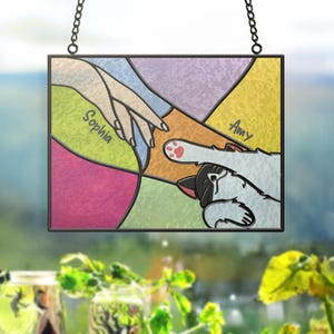 Cat And Human Hand Connection In A Stunning Stained Glass Window Sign, Best Hanging Sign Home Decor, Unique Pet Lovely Gift, T2