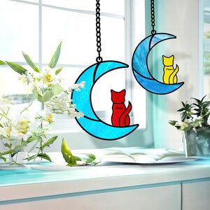 Cat Memorial Gifts Stained Glass Suncatcher, Engraved Cat Lover, Cat On Moon Loss of Pet Sympathy Gift, Gift for mom, cat ornament christmas