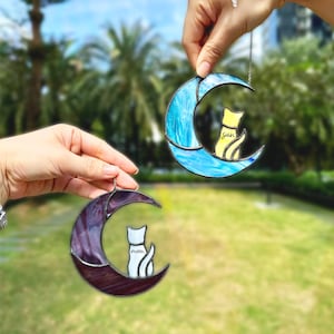 Custom Cat Memorial Stained Glass Suncatcher Cat Lovers, Cat On Moon Loss of Pet Sympathy Gift, Cat Memorial Gift, cat ornament christmas