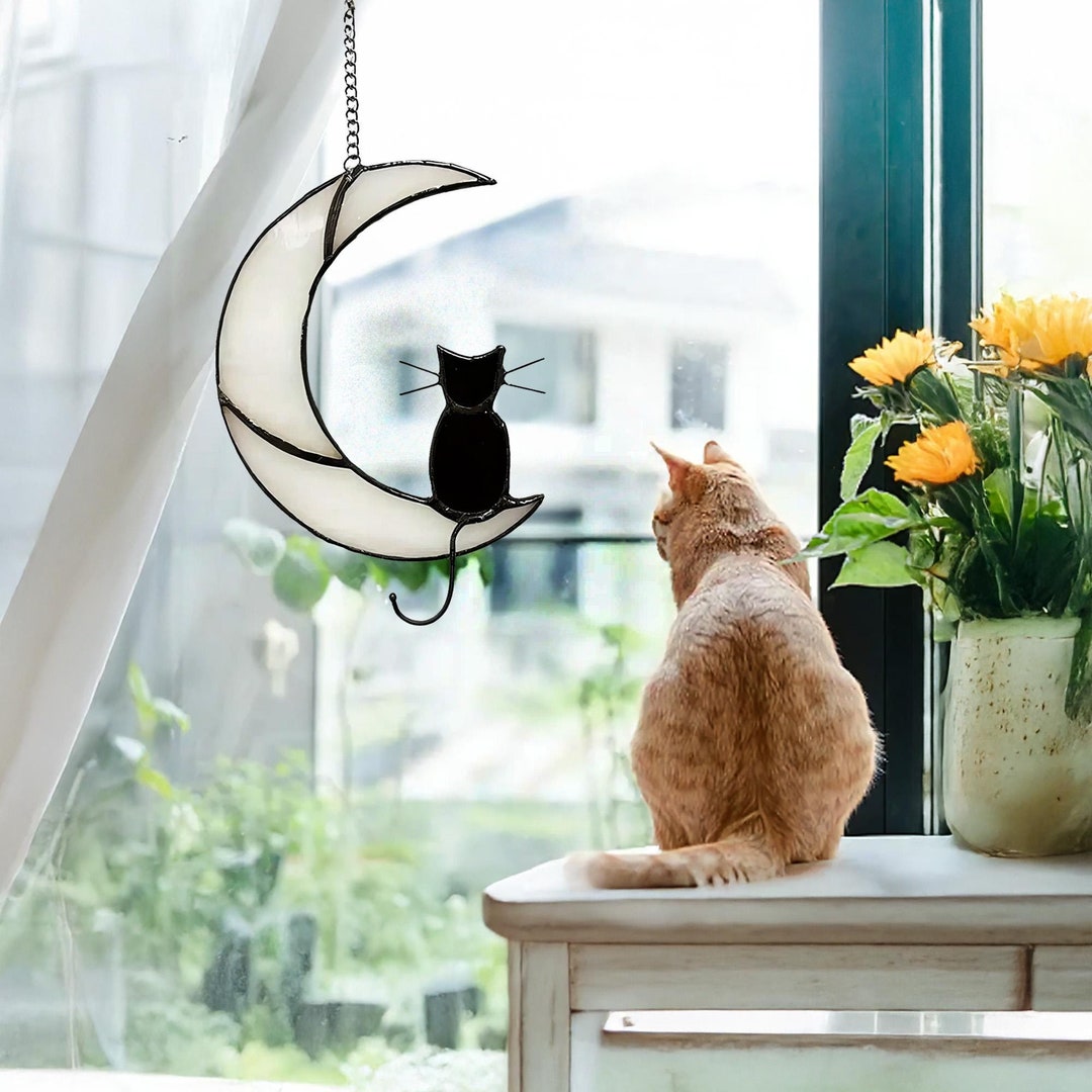 Stained Glass Black Cat on Moon Suncatcher: Cat Lover Gift - Etsy