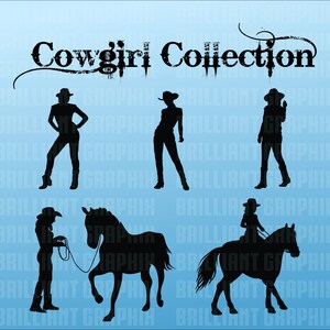 Może przedstawiać: Sylwetki czterech kowbojek w różnych pozach, w tym jedna jeżdżąca konno. Tekst "Cowgirl Collection" znajduje się w górnej części obrazu.