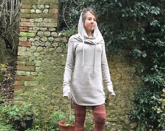 Warm cotton PULLOVER with hoodie, gipsy DRESS, boho SWEATER, bohemian style, elfic