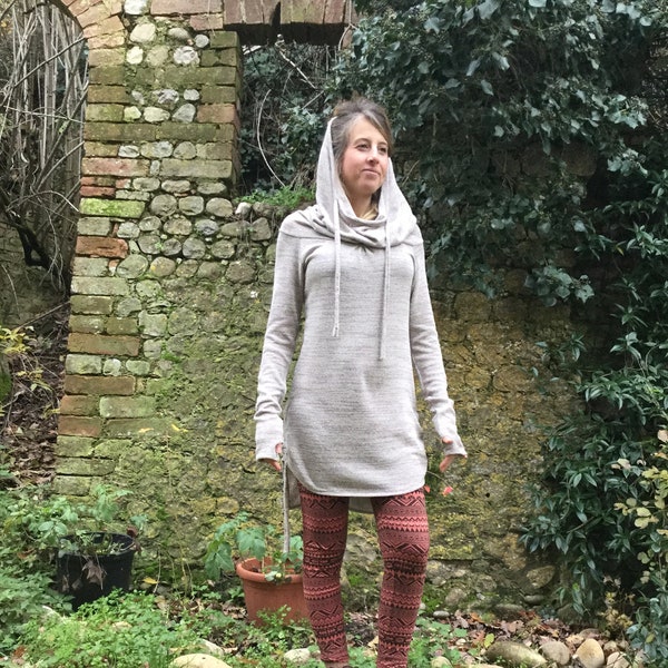 Warm cotton PULLOVER with hoodie, gipsy DRESS, boho SWEATER, bohemian style, elfic