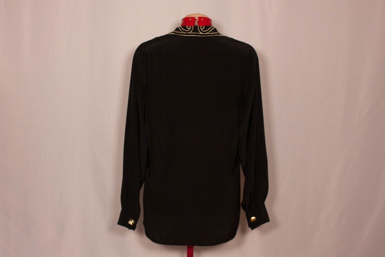 Vintage black women/'s blouse with gold embroidered collar